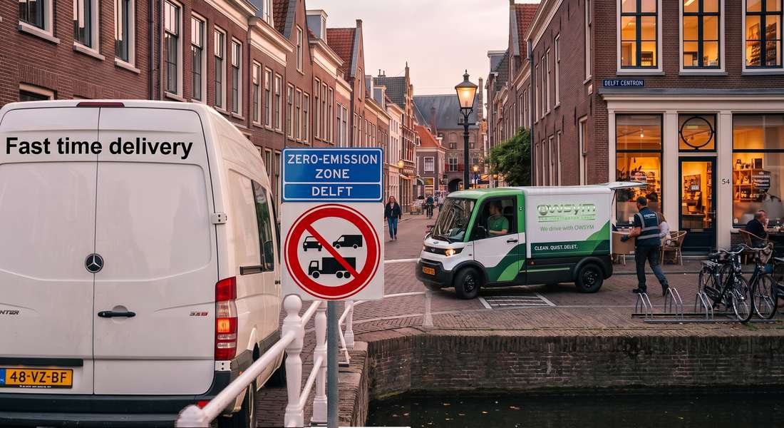 A van stopped at a zero-emission zone sign in Delft while a light electric vehicle delivers inside the zone