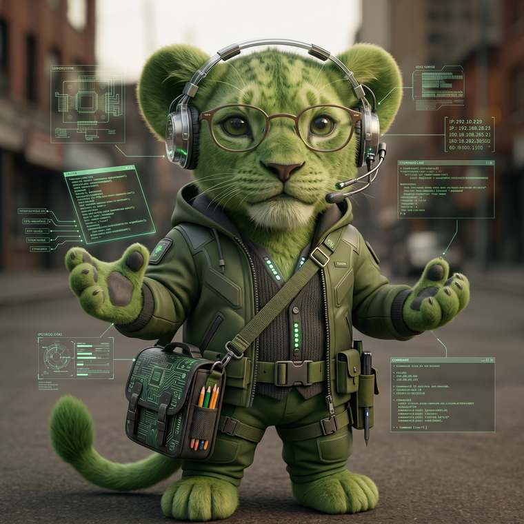 The LAIONS lion with a headset and data panels around it
