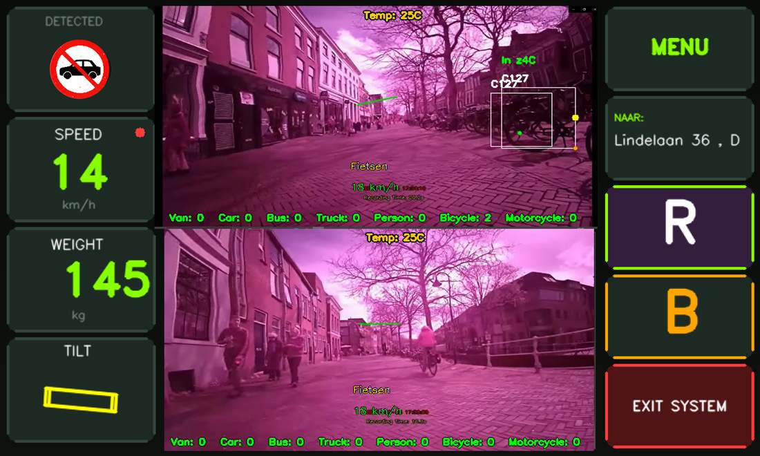 Driver screen with camera views, speed, weight and tilt
