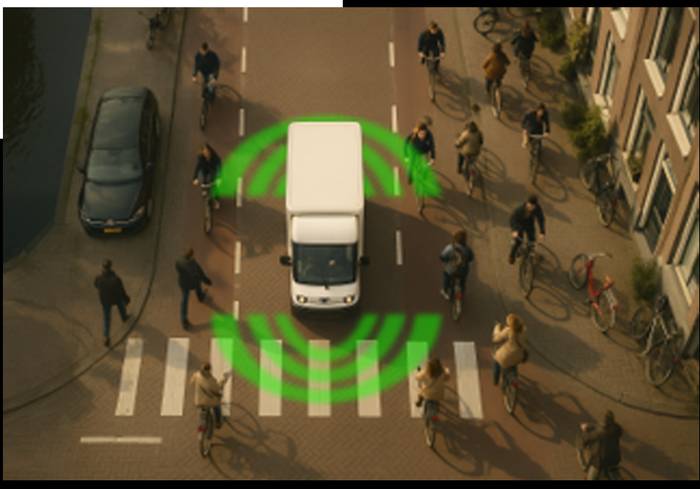 Top view of a delivery vehicle surrounded by cyclists and pedestrians with warning zones