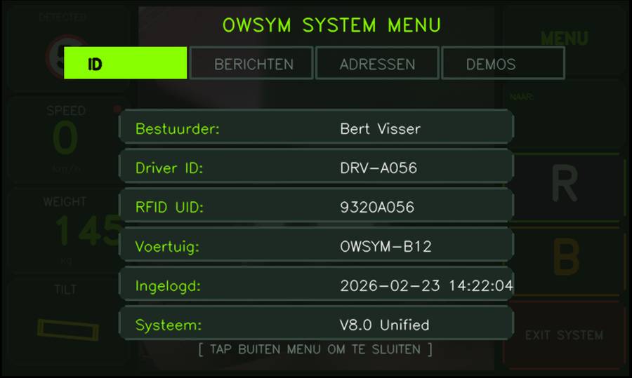 OWSYM system menu showing the logged-in driver and vehicle