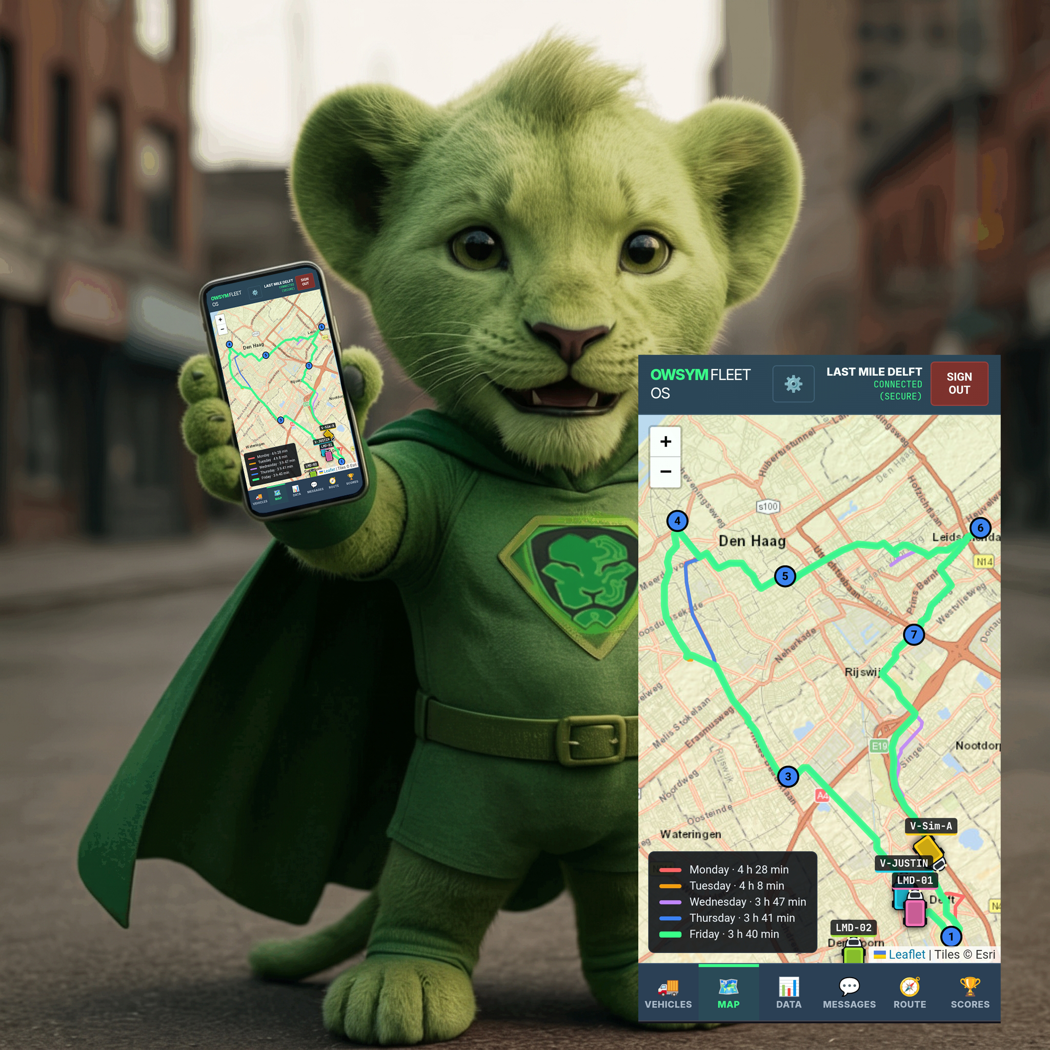 The LAIONS lion using the OWSYM Fleet BOARD on a phone
